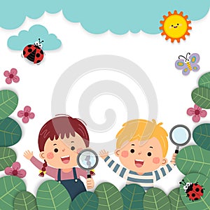 Template for advertising brochure with cartoon of girl and boy holding magnifying glasses in nature.