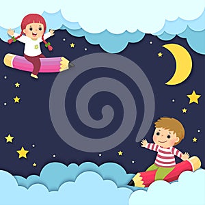 Template for advertising brochure with happy kids riding a flying pencils in the night sky.