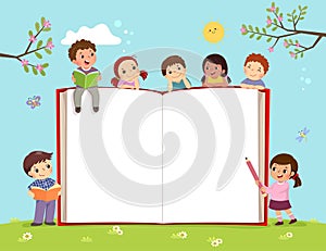 Template for advertising brochure with kids and opened book on the field