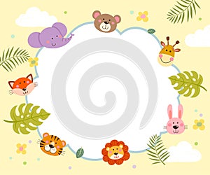 Template for advertising with cartoon of cute wild animals and tropical leaves