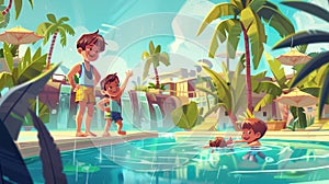 Template for an aquapark landing page. Modern illustration of a happy family having fun in the water, swimming in the