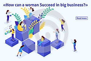 Template article banner, Isometric concept career ladder for women, success in big business. Business lady succeeds