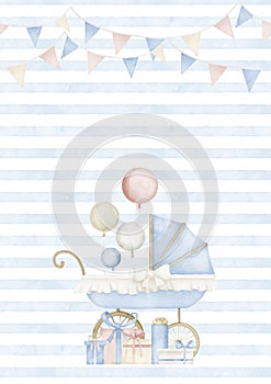 Template for Baby Shower greeting cards or invitations. Hand drawn watercolor illustration with childish Pram and