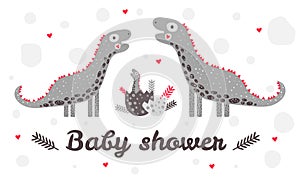 Template baby shower. Nursery cute dinosaur. mother, father and child. Birth. Egg. Red, grey colors. For greeting cards.