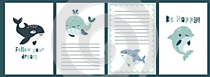 Template for baby showers. Cute sea fish, dolphin, whale, orca and shark. Caption Follow your dreams and be happy