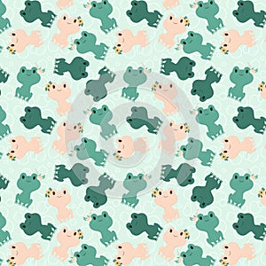 Cute frogs seamless pattern. Vector background design with frog characters