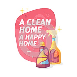 Template banner with chemical battle product for house cleaning. Layout for Cleaning service with household chemicals