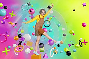 Template banner collage of excited young lady appear from portal in metaverse step road with floating math symbol