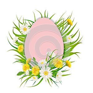 Template banner Easter egg bouquet with flowers bouquet dandelions and daisies, chamomiles, grass. Vector illustration