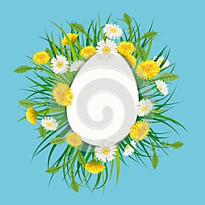 Template banner Easter egg bouquet with flowers bouquet dandelions and daisies, chamomiles, grass. Vector illustration