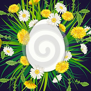 Template banner Easter egg bouquet with flowers bouquet dandelions and daisies, chamomiles, grass. Vector illustration