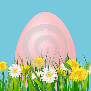 Template banner Easter egg bouquet with flowers bouquet dandelions and daisies, chamomiles, grass. Vector illustration