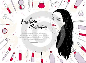 Template of a banner or flyer with space for text for beauty salon. Fashion illustration of a brunette girl portrait