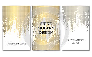 Template for banner, flyers, save the date, birthday or other invitation. Gold and silver rain on white background