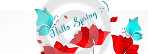 Template banner for social nerwork with place for image. Hello Spring floral 3d vector background with bright red