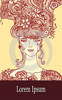 Template with Beautiful Girl with flowers hair in beige red brown colors