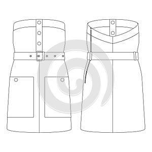 Template belted bustier dress with pockets vector illustration flat design outline clothing