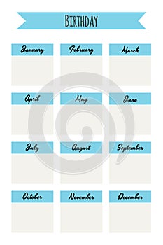 template birthday list. Simple monthly planner with blue.