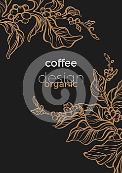 Template of black branch of coffee tree with leaves and coffee beans. Vector illustration