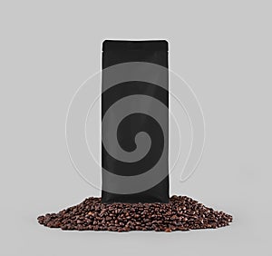 Template black coffee pouch gusset with degassing valve, presentation on coffee beans, isolated on background