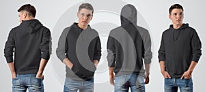 Template of a black male hoodie on a young guy for advertising in an online store, set with front and back views