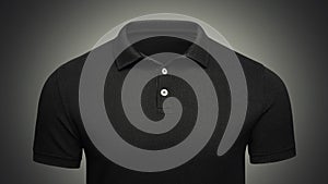 Template black Polo shirt concept closeup front view. Polo T-shirt mockup with empty space on collar for your brand
