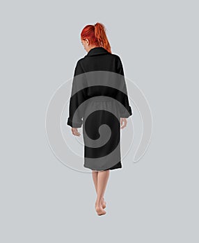 Template of a black terry bathrobe with a belt at the waist, a warm robe on a bright-haired girl in full length, back