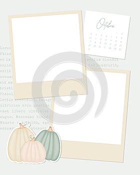 Template blank with October 2022 calendar, vintage note collage, to do list reminder, pumpkin sticker, scrapbooking with