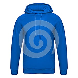 Template blue hoodie isolated on white. Hoodie sweatshirt mockup front view for design and print. Hoody sports wear with