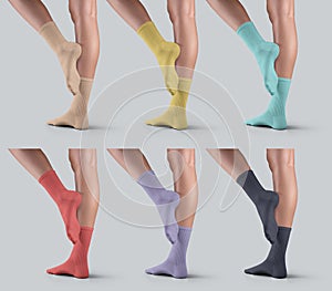 Template of bright high socks on women's slender foot, one leg raised, side view, for design, pattern, branding. Set photo