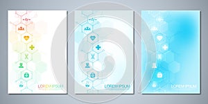 Template brochure or cover with medical icons and symbols. Healthcare, science and innovation technology concept.