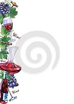 Template with bunch of fresh grapes, corkscrews, decanter, bottle and glass of red wine.