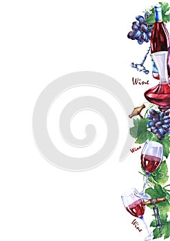 Template with bunch of fresh grapes, corkscrews, decanter, bottle and glasses of red wine.