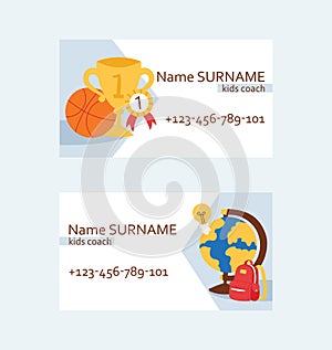 Template of business card for coaches, sportsmen, sport event organizer services company, teacher with school and sport