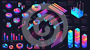 Template for business presentation, report, or web site design. Isometric infographics charts, 3D data analysis columns