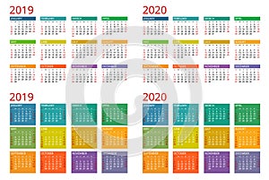 Template calendar 2019, 2020. Week Starts on Sunday. Set of 12 Months