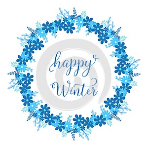 Template of card hello winter, with texture art of blue leaf floral frame. Vector