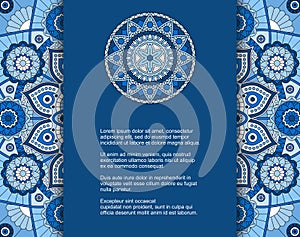 Template for card or invitation with blue mandala pattern and ornament in ethnic style. Vector design with place for text