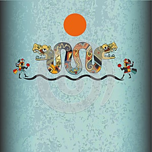 Template card with the serpent and the sun. Background in ethnic style of the Aztecs, Mayas, Incas. Designed in the national