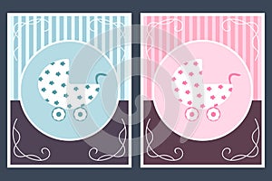 Template cards with baby carriage for boy and girl. For baby shower or greeting card