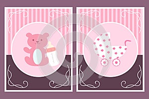 Template cards with baby carriage and teddy bear for girl. For baby shower or greeting card