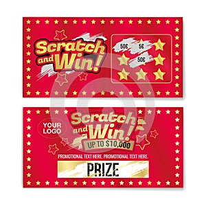 Template cards with scratch and win letters. Golden colors letters. photo