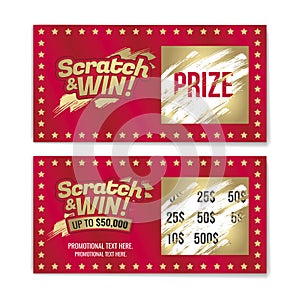 Template cards with scratch & win letters. Golden colors letters