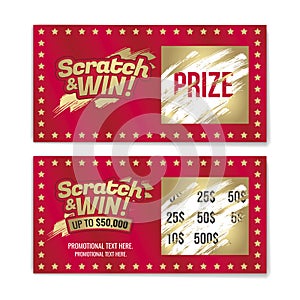 Template cards with scratch & win letters. Golden colors letters photo