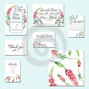 Template cards set with watercolor lupine flowers and other wildflowers