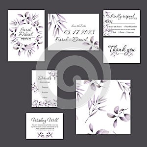 Template cards set with watercolor purple branches