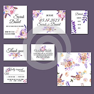 Template cards set with watercolor purple posies photo