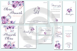 Template cards set with watercolor purple roses