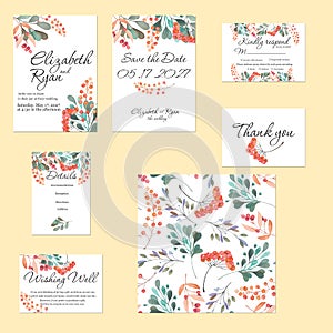 Template cards set with watercolor rowan tree and other autumn tree branches