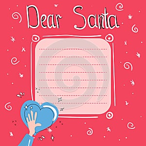 Template for cartoon Christmas wish list with christmas decoration. A letter to Santa Claus with place for text.